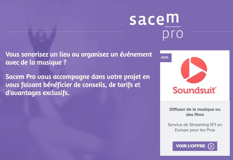 Soundsuit partenaire officiel privilégié de la SACEM solution musique d'ambiance streaming pour pros professionnels commerces magasins hôtels boutiques